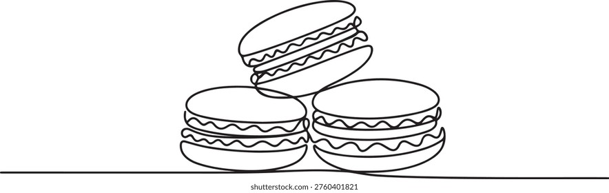 Macaroon one line drawing vector, Continuous one line drawing of French macaroons isolated on white background. One line draw graphic design vector
