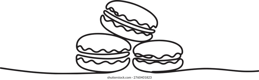 Macaroon one line drawing vector, Continuous one line drawing of French macaroons isolated on white background. One line draw graphic design vector

