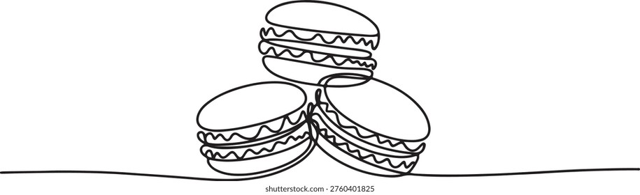 Macaroon one line drawing vector, Continuous one line drawing of French macaroons isolated on white background. One line draw graphic design vector
