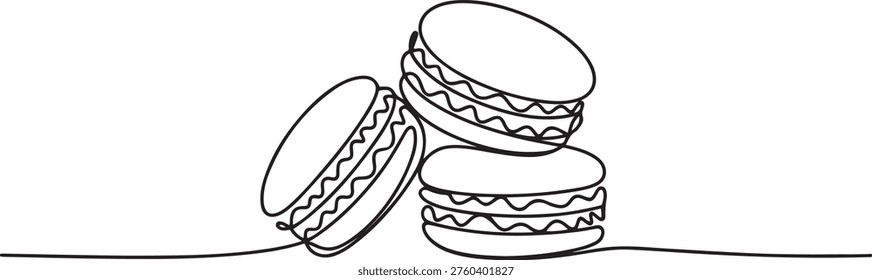 Macaroon one line drawing vector, Continuous one line drawing of French macaroons isolated on white background. One line draw graphic design vector
