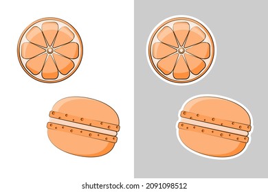 Macarón con un trozo de naranja sobre un fondo blanco y gris, ilustración vectorial en un estilo plano
