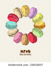 Macaroon. Poster with traditional French macaroon cakes, cupcakes and berries in vintage style. Retro card. Vector. Menu