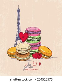 Macaroon. Poster with traditional French macaroon cakes, cupcakes and berries in vintage style. Retro card. Vector.