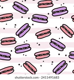 Macaroon seamless pattern with sweet desert food. Hand drawn colorful cake vector illustration background for surface design, textile, fabric, scrapbook or wallpaper.