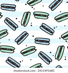 Macaroon seamless pattern with sweet desert food. Hand drawn colorful cake vector illustration background for surface design, textile, fabric, scrapbook or wallpaper.