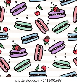 Macaroon seamless pattern with sweet desert food. Hand drawn colorful cake vector illustration background for surface design, textile, fabric, scrapbook or wallpaper.
