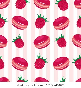 macaroon seamless pattern. Sweet dessert cookie surface design. Macaroni pink texture with raspberries. Delicious restaurant fabric.