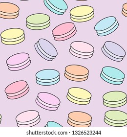 Macaroon seamless pattern vector illustration. French bakery colorful almond macaron biscuits. Image of dessert in pastel colors for menu, logo of cafe, pastry store. EPS 10.
