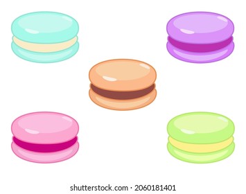 El juego de Macaroon. Pasteles de macarón de diferentes colores - conjunto vectorial de dulces. Bollería dulce, galletas
