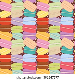 macaroon set, pastel colors, seamless pattern on brown background. Vector