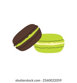 Macaroon. Two sweet cakes with chocolate and matcha flavors. French dessert. Flat illustration on white background.