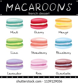 Macaroon vector illustration isolated on white background. Colorful macaron. Macaroon biscuits, sweet and beautiful french dessert.Set of different taste cake macarons.For banners, posters, menu, card