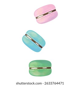 Macaroons banner. Three sweet cakes with chocolat. French dessert. Watercolor vector illustration on white background.