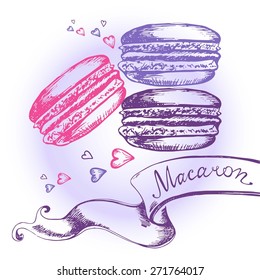 Macaroons and banner, vector hand-drawn illustration