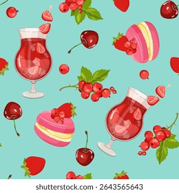  Macaroons, berries and berry cocktail. Seamless vector illustration. For decoration textile, packaging.