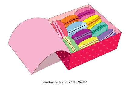 Macaroons. Box with macaroons. French cookies. Tasty sweets, dessert, pastries. Vector illustration.
