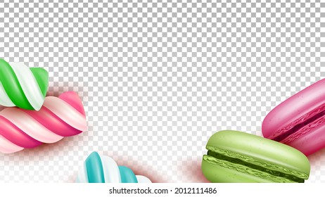 Macaroons Cakes And Lollipop Sweet Candies Vector. Baked Macaroons Cookies And Delicious Sugary Striped Lollypop Dessert, Sweetness Nourishment. Food Template Realistic 3d Illustration