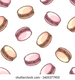 Macaroons cakes. Texture for print, fabric, textile, wallpaper.Illustrations for coffee houses or cafes. Hand drawn vector illustration. Isolated on white background.