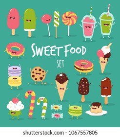 Macaroons, candies, ice cream, donuts, cookies, sweets, lollipops, mousse, smoothie, muffin. Funny sweet food icon. 
Use for the menu, in the shop, in the bar, the card or stickers. Easy to edit.