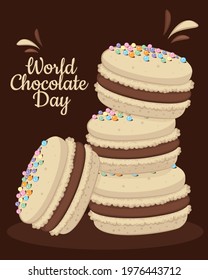 macaroons with chocolate filling in different angles. World chocolate day concept with french macaroons