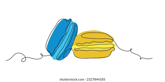 Macaroons cookies one continuous line art drawing vector illustration. Yellow and blue macaroons single line art.