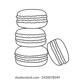 Macarons. Postre, dulces. página de coloreado, icono, ilustración vectorial en blanco y negro.