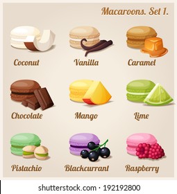 Macaroons with different flavors and fillings. Set 1.