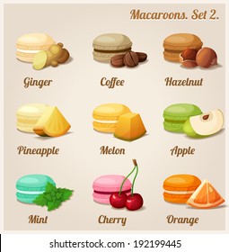 Macaroons with different flavors and fillings. Set 2.