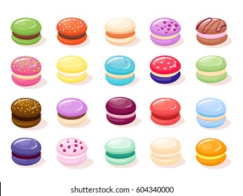 Macaroons with different flavors and fillings. Different taste and color cartoon style vector illustration.