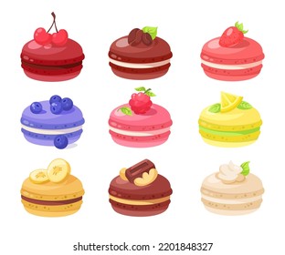 Macarons con diferentes sabores ilustraciones vectoriales. Colección de dibujos animados de macarons con fresa, cereza, arándano, frambuesa sobre fondo blanco. Comida, postres, concepto de panadería