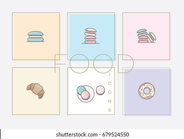 Macaroons, donut and croissant food line icon set isolated on light pastel colored backdrops