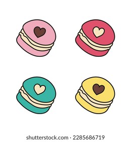 Macaroons doodle gefärbt mit Schokolade, Vanille, Minze, Beeren, Erdbeeren. Vektorgrafik. Handgezeichnete Illustration für Aufkleber, Deckel, Postkarten, Druck, soziale Medien, Icon, Scrapbooking.