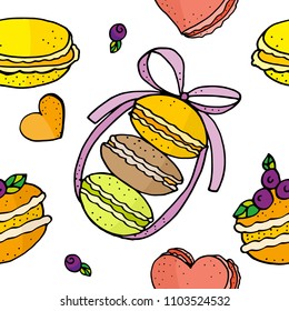 Macaroons doodle seamless pattern. Hand drawn illustration.