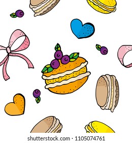 Macaroons doodle seamless pattern. Hand drawn illustration.