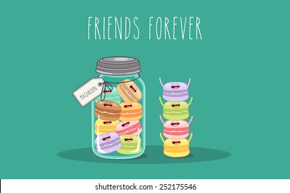 Macaroons glass jar. Vector cartoon. Friends forever. You can use in the menu, in the shop, in the bar, the card or stickers. Easy to edit. 