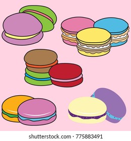 Macaroons handmade. Objects for design. French dessert. Cute macaroon with doodles. Vector illustration.