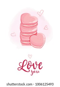 Macaroons in heart shape. Vector illustration of tasty french dessert. Template for Valentines day card, wedding invitation, bakery logo, banner.  