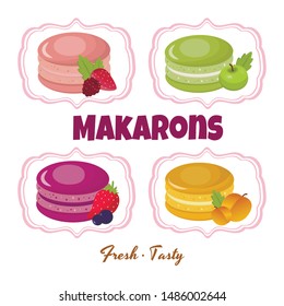 Macaroons and Ingredients Assortment Flat Poster. Strawberry with Blueberry or Raspberry, Apricot and Apple Made French Desserts. Special Recipes for Cookies. Vector Pastry Cakes Illustration