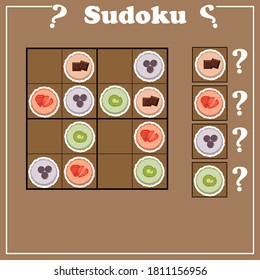 Macaroons, kiwi and chocolate. Sudoku game for children with pictures. Kids activity sheet.