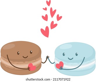 Macaroons in love hugging. Illustrations for valentine's day. Cute cakes with eyes and handles