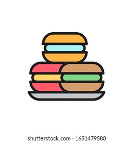 Macaroons, macarons, cakes, sweet bakery flat color line icon.