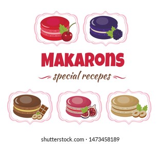 Macaroons Menu and Assortment Flat Banner. French Sweet Dessert from Cherry, Blackberry, Almond Nut, Fig, Chocolate. Special Recipes. Vector Cookies, Delicious Desserts, Pastry Cakes Illustration