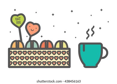 Macaroons and mug. Vector illustration. Isolated on a whine background.