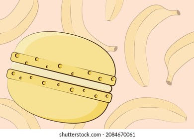 Macarons en un fondo con ilustraciones vectoriales de plátanos en un estilo plano