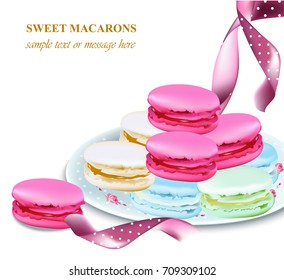 macaroons on a plate. Colorful dessert Vector realistic illustration