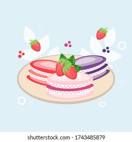 macarons en un plato, 
ilustración plana