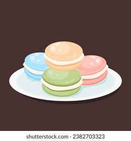 macaroons in a plate, delicious dessert france, sweet cakes, cafe bakery menu, national macaroon day, round shape, vector illustration