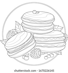 
Macaroons with raspberries, blueberries and mint.
Tasty sweets.Coloring book antistress for children and adults. Illustration isolated on white background.Zen-tangle style. Black and white drawing