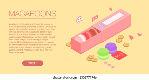 Macaroons red box banner. Isometric illustration of macaroons red box vector banner for web design