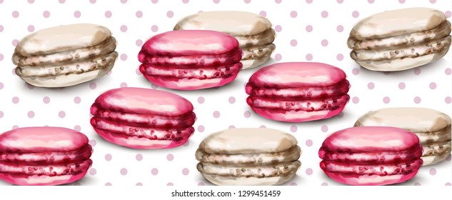 Macaroons retro background Vector watercolor. Banner template sweet french decors